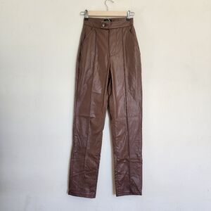 PRETTYLITTLETHING Chocolate Faux Leather Pintuck Detail Straight Leg Pants sz 00